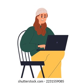 Happy woman works at laptop. Creative young freelancer sitting on chair with computer on knees. Inspired excited freelance worker working online. Flat vector illustration isolated on white background
