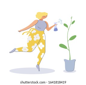 A happy woman in yellow trousers sprays a ficus with water from a spray bottle. Home floriculture. Vector flat cartoon illustration isolated on white background.
