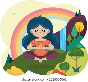 Happy woman in yoga meditation pose.