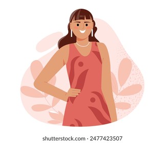 Happy woman. Young girl in red dress smiling. Trendy and fashionable model. Portrait of beautiful laughing character. Person with positive feelings and emotions. Cartoon flat vector illustration