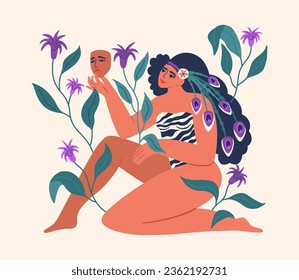 Happy woman in zebra print swimsuit is sitting in jungle. Girl holds a mask with sad emotions in her hand. Concept of Mental health. Vector illustration. 