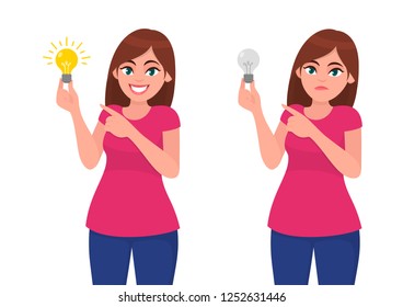 Happy woman/girl holding bright bulb and pointing index finger. Unhappy woman/girl  holding dull bulb and pointing to it. Idea, invention, innovation concept illustration in vector cartoon style.