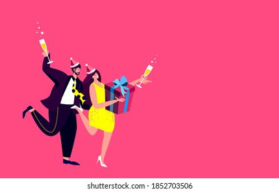 Happy Woman,Man Celebrating Christmas Together.Loving Romantic Couple Hold Present. Christmas New Year Holidays.Festive People in Santa Hats with Glass of Champagne. Xmas Invitation Flyer Illustration
