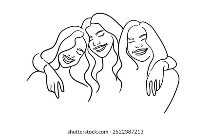 Happy womans continuous line art drawing isolated on white background. Happy best friends outline. Vector illustration