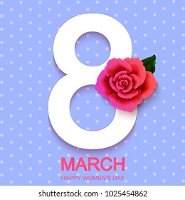 Happy woman's day 8 March with roses on blue background. Wallpaper, flyers, invitation, posters, brochure, banners. Vector illustration.