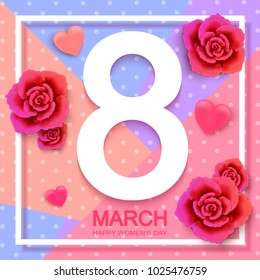 Happy woman's day 8 March with roses and hearts on pink background. Wallpaper, flyers, invitation, posters, brochure, banners. Vector illustration.