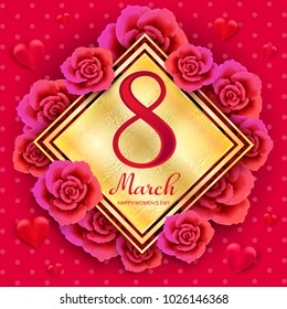 Happy woman's day 8 March gold banner with roses. Wallpaper, flyers, invitation, posters, brochure, banners. Vector illustration
