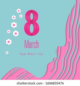 happy woman's day 8 march 2020 greeting card with woman and flowers in papercut style. blue and pink colored eps vector