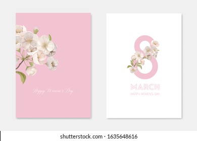 Happy Woman's Day 8 March Greeting Cards Set with Cherry Branch and Eight Number. White Sakura Flowers Decorative Ornamental Template. Floral Poster Flyer Brochure Cartoon Flat Vector Illustration - Shutterstock ID 1635648616