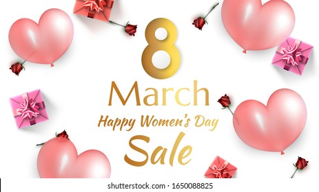 Happy woman's day 8 march sale banner or promotion poster, template for web design on realistic style. Gold text with hearth balloons and red rose and gift box with ribbon bow. Vector white gold style
