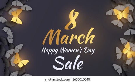 Happy woman's day 8 march sale banner or promotion poster, template for web design on realistic style.