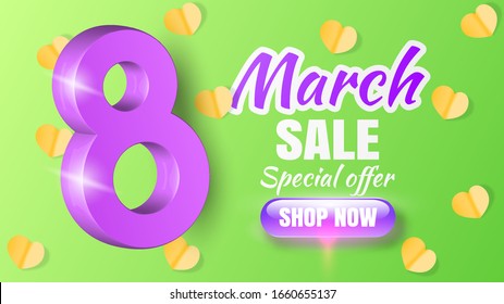 Happy woman's day 8 march sale banner or promotion poster, template for web design on realistic style. Purple text on green abstract background with shiny bright and yellow paper hearth. Vector 
