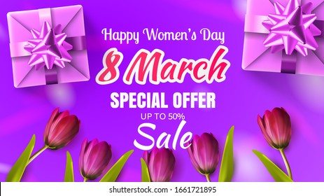 Happy woman's day 8 march sale special offer banner promotion poster or template for web design or marketing brochure. Shiny Eight with gift box and red tulip on purple background. Vector trend spring