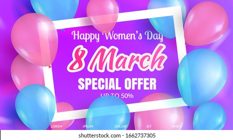 Happy woman's day 8 march sale special offer banner promotion poster or template for web design or marketing brochure. Shiny Eight and balloons with white frame on blue background. Vector trend  