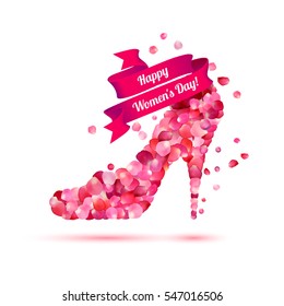 Happy woman's day! 8 March holiday. High heels shoe. Pink rose petals