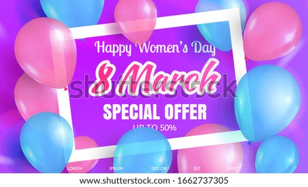 Happy woman's day 8 march sale special offer banner promotion poster or template for web design or marketing brochure. Shiny Eight and balloons with white frame on blue background. Vector trend  