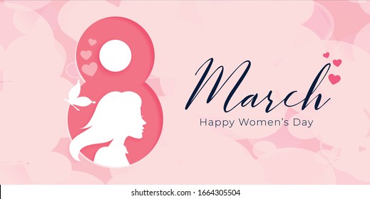 "Happy Woman's day" 8 Marsh Woman's day background, post card, gift, pink vector with date and greetings "Happy Woman's day"