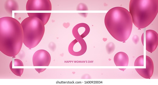 Happy woman's day background. 8th March, women's day greeting card. Pink balloons with square frame.

