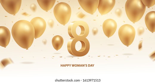 Happy woman's day background. 8th March, women's day greeting card. Gold balloons with 3d eight golden number and confetti.
