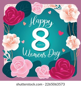 Happy woman's day banner. 8 march with flower and hearts on blue green background.  Greeting card vector illustration.