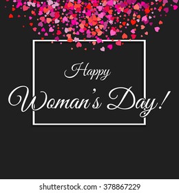 Happy Woman's Day! Black cover card with words in a frame and pink hearts background. Stock vector.