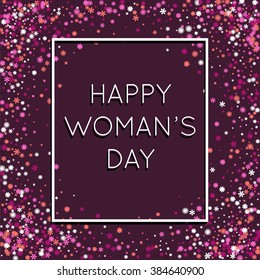 Happy Woman's Day! Black cover card with words in a frame and pink flowers background. Stock vector.