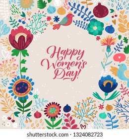 Happy Womans Day Calligraphy Design on Square Floral Background. Vector illustration. Womans Day Greeting Calligraphy Design in Bright Colors. Template for a poster, cards, banner Vector illustration