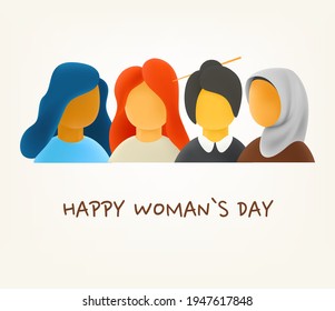 Happy womans day concept. Different race and culture women. 3d style cute vector illustration 