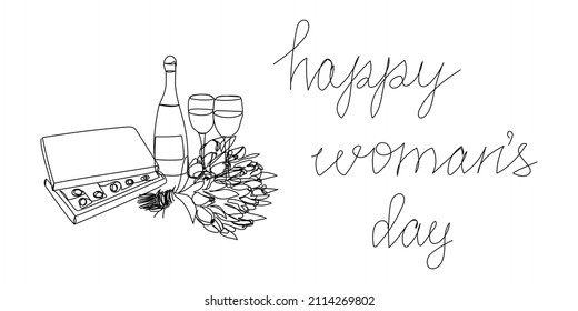 Happy womans day continuous line drawing. One line art of english hand written lettering with flowers, champagne and candies, 8 march greeting card.