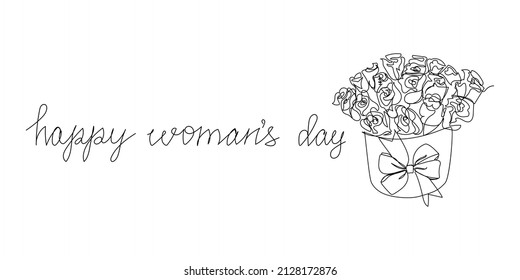 Happy womans day continuous line drawing. One line art of english hand written lettering with bouquet of flowers, 8 march greeting card.