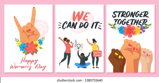Happy woman's day greeting card or poster template. Vector illustration isolated on white background.