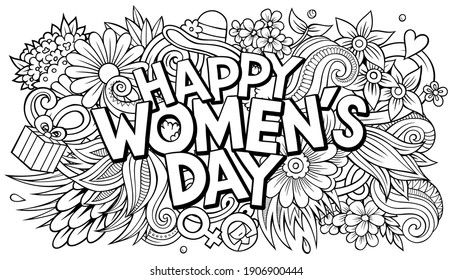 Happy Womans Day hand drawn cartoon doodles illustration. Funny holiday design. Creative art vector background. Handwritten text with 8 march elements and objects.