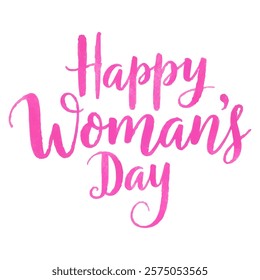 "Happy Woman's Day" hand-lettered in a vibrant pink watercolor style. 