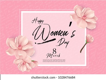 Happy Woman's Day Handwriting text as celebration. 8th March Text card invitation, template. Festivity background. Lettering typography poster. Banner on textured background. Vector illustration.