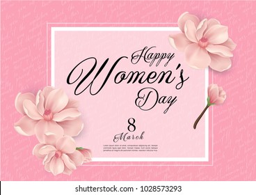 Happy Woman's Day Handwriting text as celebration. 8th March Text card invitation, template. Festivity background. Lettering typography poster. Banner on textured background. Vector illustration.