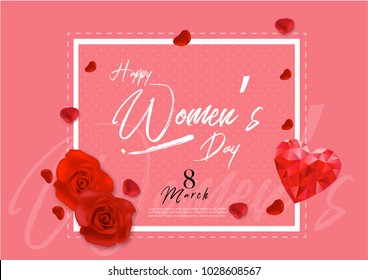 Happy Woman's Day Handwriting text as celebration. 8th March Text card invitation, template. Festivity background. Lettering typography poster. Banner on textured background. Vector illustration.