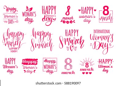 Happy Woman's day handwritten lettering set. March 8 modern calligraphy collection on white background for greeting or invitation cards, festive tags, posters etc.