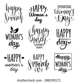 Happy Woman's day handwritten lettering set. March 8 modern calligraphy collection on white background for greeting or invitation cards, festive tags, posters etc.