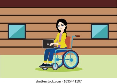  Happy woman's day. International day of people with disabilities. Disabled Woman Person Working Vector. Woman Sitting In Wheelchair Flat Cartoon Illustration.