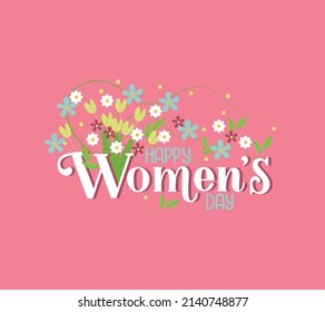 Happy Woman's Day lettering vector illustration. The letters decorated with a bouquet of spring flowers and leaves. Decorative poster, greeting card.