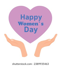 Happy Woman`s Day. Pink heart in a woman's hand. Spring holiday design template for holiday card, invitation, social media post, banner, cover, poster. Vector template holiday concept