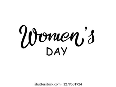 Happy Woman's Day text as celebration badge, tag, icon. Text card invitation, template. Festivity background. Lettering typography poster. Banner on textured background. Vector illustration.