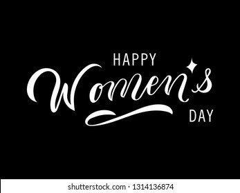 Happy Woman's Day text as celebration badge, tag, icon. Text card invitation, template. Festivity background. Lettering typography poster. Banner on black background. Vector illustration EPS 10. 