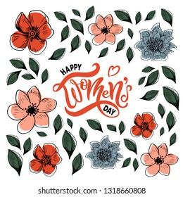 Happy Woman's Day text as celebration badge, tag, icon. Text card invitation, template. Festivity background. Lettering typography poster. Pattern with hand drawn flowers. Vector illustration.