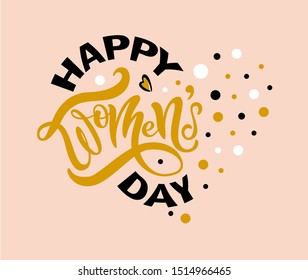 Happy Woman's Day text as celebration badge, tag, icon. Text card invitation, template. Festivity background. Lettering typography poster. Banner on textured background. Vector illustration.