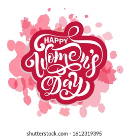 Happy Woman's Day text as celebration badge, tag, icon. Text card invitation, template. Festivity background. Lettering typography poster. Banner on textured background. Vector illustration.