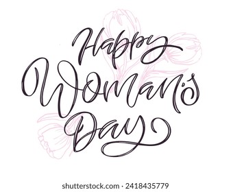 Happy Woman's Day text as celebration badge, tag, icon. Text card invitation, template. Festivity background. 100% vector file