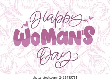Happy Woman's Day text as celebration badge, tag, icon. Text card invitation, template. Festivity background. 100% vector file