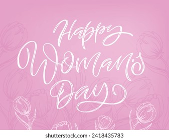 Happy Woman's Day text as celebration badge, tag, icon. Text card invitation, template. Festivity background. 100% vector file