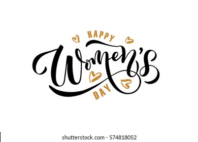 Happy Woman's Day text as celebration badge, tag, icon. Text card invitation, template. Festivity background. Lettering typography poster. Banner on textured background. Vector illustration EPS 10. 